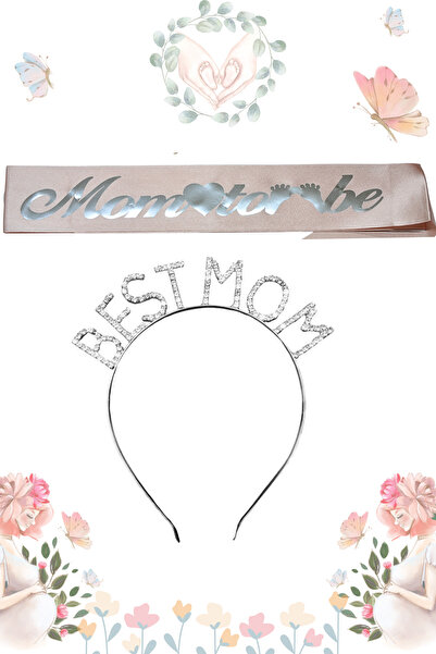 Larenya Mom To Be Kuşak Ve Best Mom Metal Taç & Baby Shower Set & Pembe Gümüş...