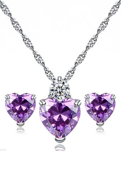 Chavin Silver Heart & Single Stone Cap - Necklace & Earring Set Dn82Mr