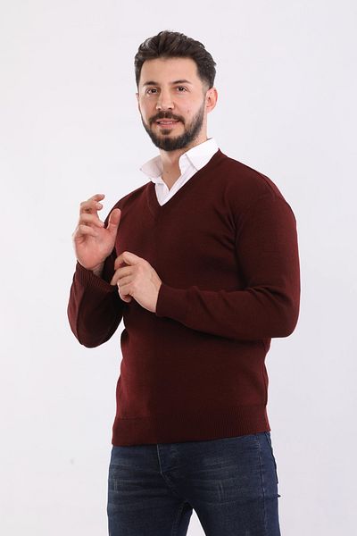 HEDEFNUR TEKSTİL Мъжки плетен пуловер с V-образно деколте за татко, обикновен акрилен пуловер за татко от средновековието
