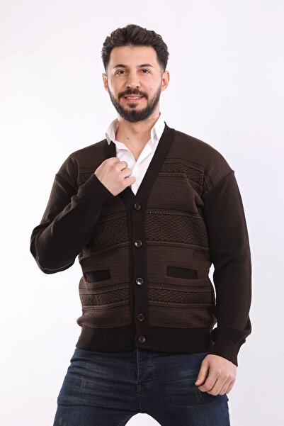 HEDEFNUR TEKSTİL Brown Men's Dad Cardigan Knitwear Knitted Acrylic with Pocke...