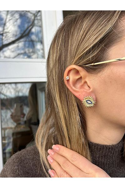 Jerie Navy Blue Stone Detailed Design Eye Earrings