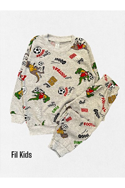 Fil Kids Boy's 100% Cotton Gray Dinosaur Football Ball Print Long Sleeve Winter Pajamas Set
