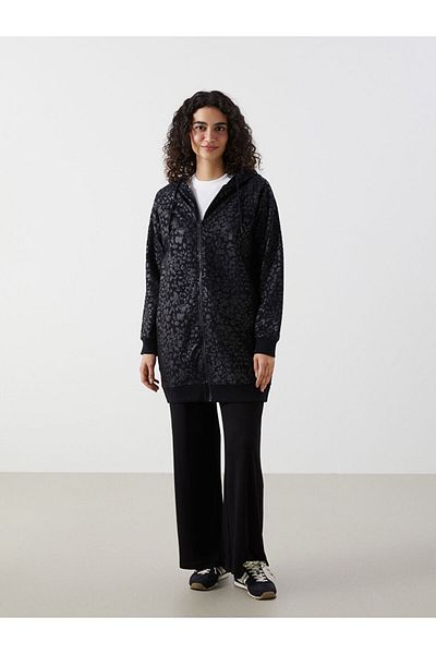 LC Waikiki Dámská mikina na zip s černým vzorem s kapucí LCW Modest