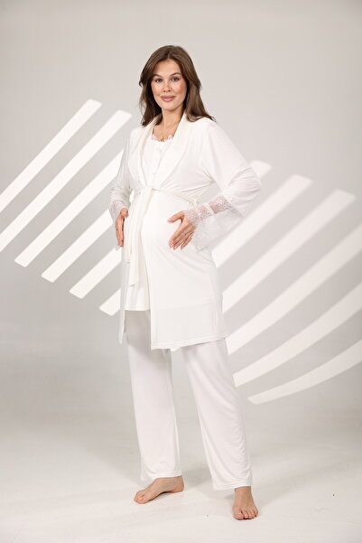 Rimel Homewear Ecru Shawl Collar Lace Detailed Maternity Pajamas Set with Dressing Gown