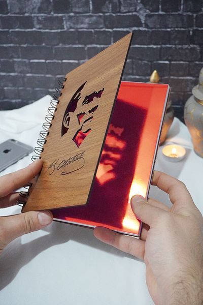 markcat Ataturk Themed Agenda and School Notebook - Wooden Cover, Checked Notebook (A5 - 120 Sheets)