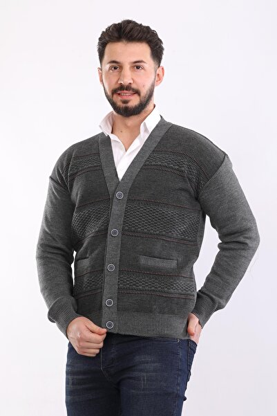 HEDEFNUR TEKSTİL سترة تريكو محبوكة من الأكريليك باللون الرمادي للرجال مع جيوب...