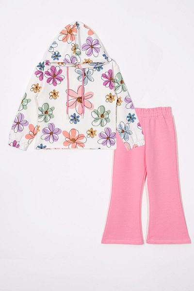zepkids Flower Printed Hooded Spanish Leg Light Pink Color Girls' Pants Set