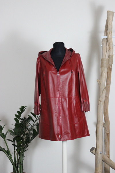 HIMY SHOP Genuine Leather Women's Double-Sided Checkered Hooded Ribbed Jacket