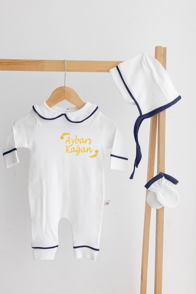 Bebe wini İsme Özel Baskılı Bonet Şapkalı 3'lü Pamuklu Tulum Seti