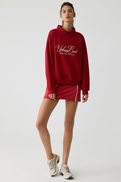 Urban Beat Steffi Women's Knitwear Polo Neck Print Detailed Relaxed Red Sweatshirt