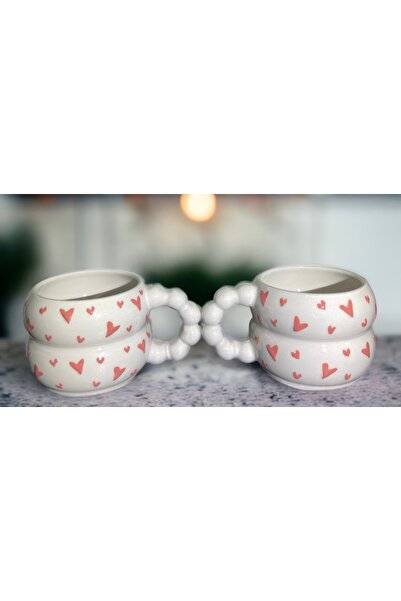 İZart 2-Piece Bead Handle Patterned Pink Heart Valentine's Day Special Embossed Handmade Ceramic Mug