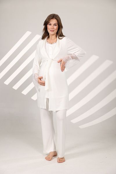 Rimel Homewear Ecru Shawl Collar Lace Detailed Maternity Pajamas Set with Dressing Gown