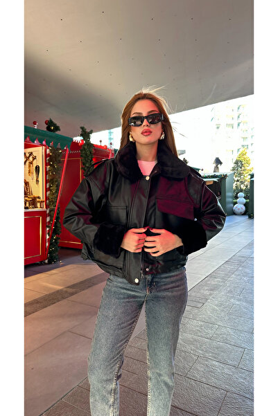 Angel Mia Чорна шкіряна куртка - з кишенями та деталями