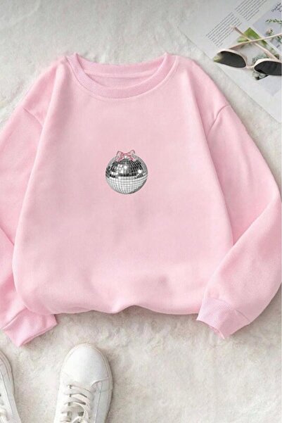 stg spor toptan giyim سويت شيرت نسائي برقبة دائرية وطبعة كرة ديسكو باللون الوردي