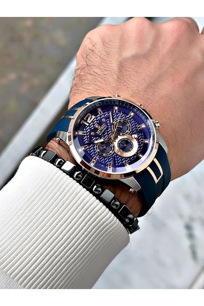 Reward Navy Blue Color Silicone Sports Steel Case Business Men's Wrist Watch+Bracelet