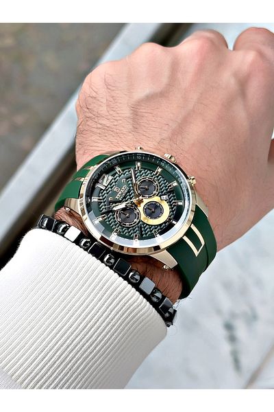 Reward Green Color Silicone Sports Steel Case Business Men's Wrist Watch+Bracelet