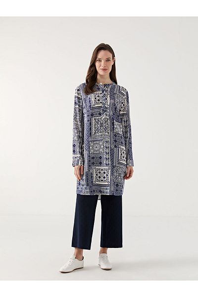LC Waikiki Lcw Grace Navy Blue Preacher Collar Patterned Women's Tunic