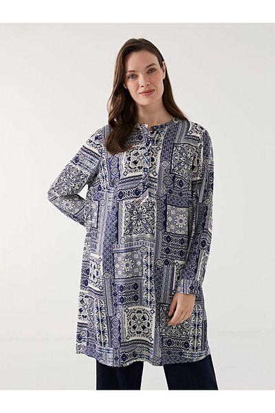 LC Waikiki Lcw Grace Navy Blue Preacher Collar Patterned Women's Tunic