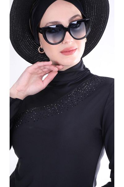 ns tasa Black Design Hijab Swimsuit Set with Black Stones