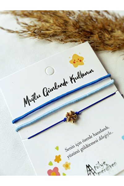 Atölye Merdiven 3lü Bileklik Seti Lacivet ip Yonca figürlü Mavi Tonları Bileklik Seti