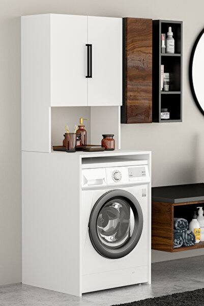 Givayo Mobilya Nubu Üst Dolaplı Çok Amaçlı Çamaşır Makinesi Dolabı Beyaz