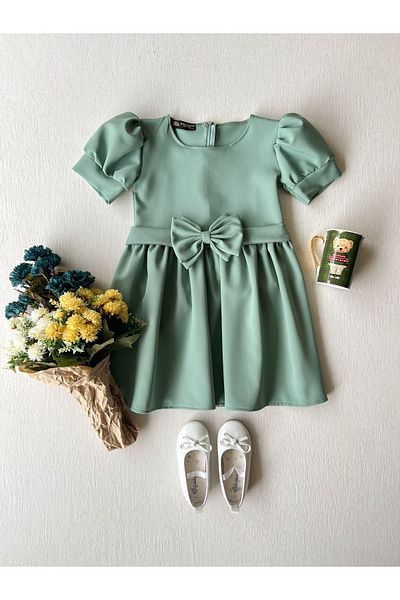KÜÇÜĞÜM BUTİK Rochie creponată pentru fete cu mâneci pepene verde Çağla