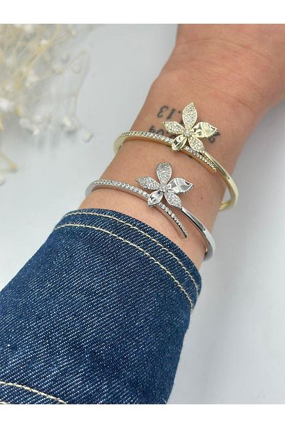 MyladyAccessoriess Zircon Stone and Flower Detailed Handcuffs (Steel) Gold