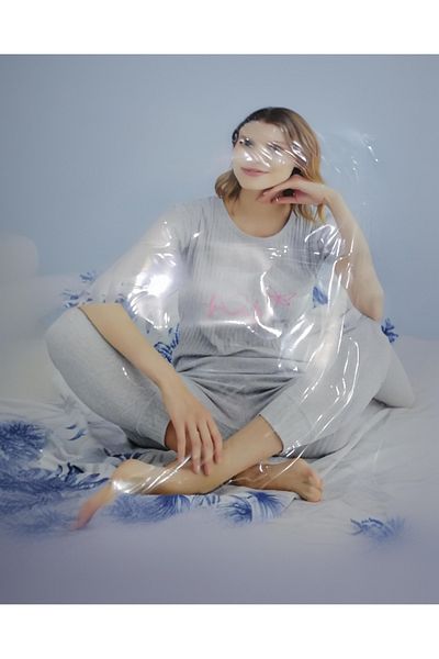 LİLA İÇ GİYİM Ribbed Printed Women-Youth Short Sleeve Pajamas Set