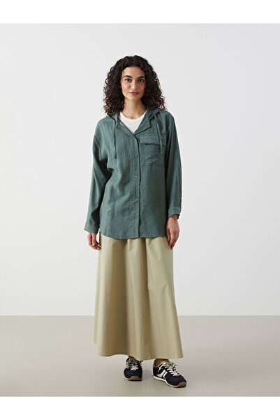 LC Waikiki Green Hooded Textured Oversize Krinkle Women's Tunic