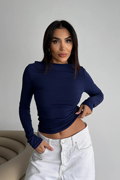 Ladima Жіноча темно-синя бавовняна м'яка еластична блуза з широким коміром і драпіруванням
