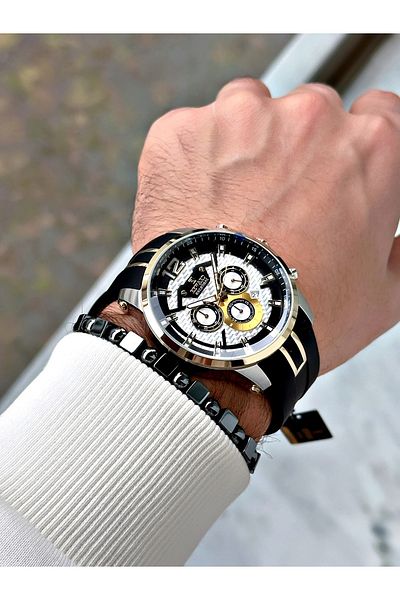 Reward Black Color Silicone Sports Steel Case Business Men's Wrist Watch+Bracelet
