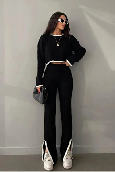 Cemre Life مجموعة ملابس تريكو ذات فتحة سوداء ورقبة دائرية