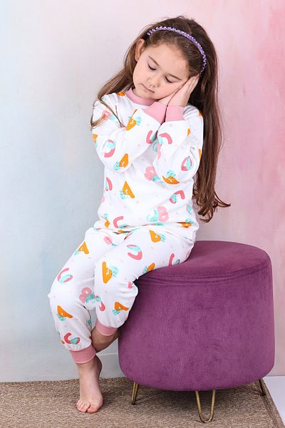 KAPİKİDS Girl's Long Sleeve Colorful Crispy Printed Pajamas Set