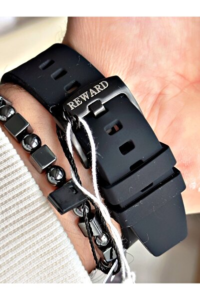 Reward Black Color Steel Case Automatic Sport Silicone Business Men's Wrist Watch+Bracelet