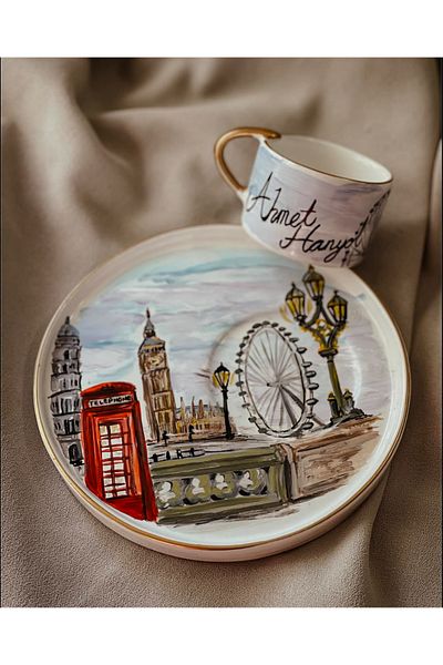 Store Special Design Hand Painted English Teacher London Themed Gift Turkish Coffee Cup