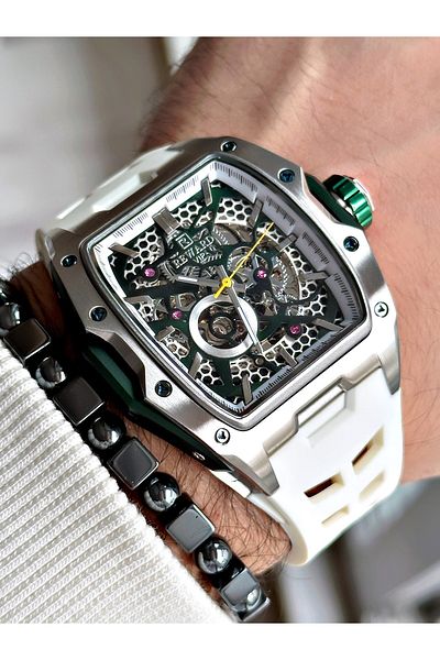 Reward Black Color Steel Case Automatic Sport Silicone Business Men's Wrist Watch+Bracelet