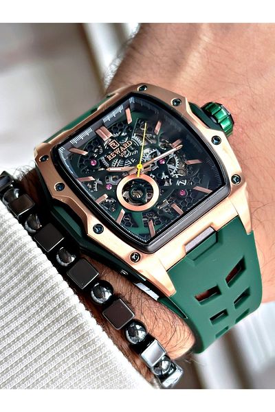 Reward Black Color Steel Case Automatic Sport Silicone Business Men's Wrist Watch+Bracelet
