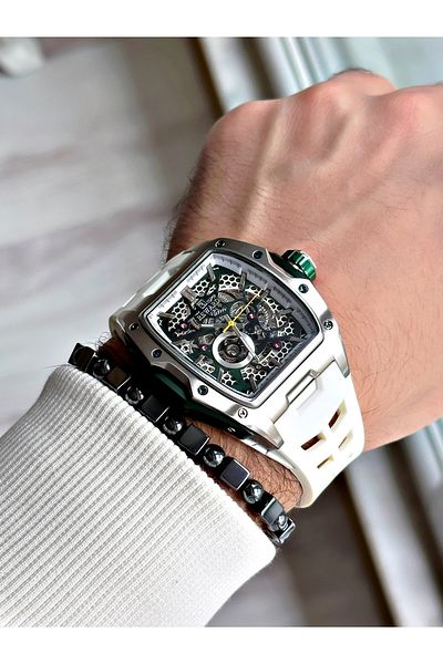 Reward Black Color Steel Case Automatic Sport Silicone Business Men's Wrist Watch+Bracelet