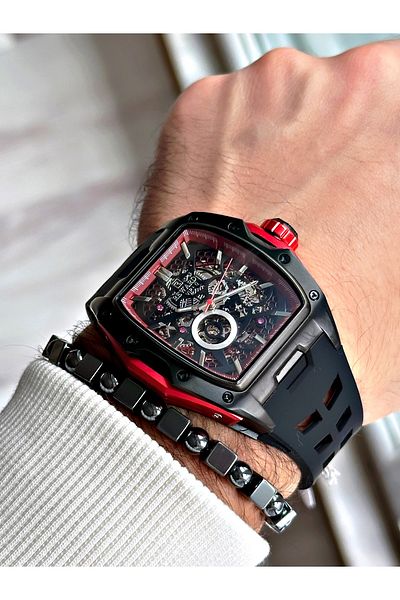 Reward Black Color Steel Case Automatic Sport Silicone Business Men's Wrist Watch+Bracelet