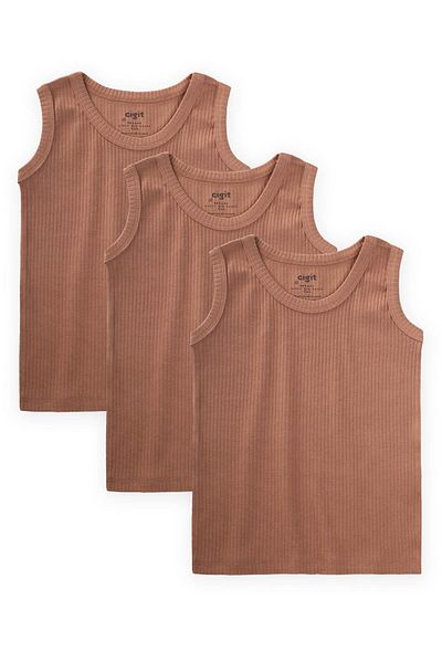 Cigit Triple Ribbed Wide Strap Undershirt 2-9 Years Coffee