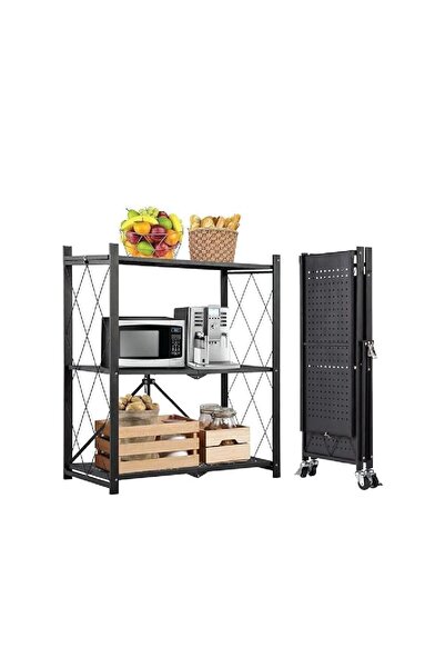 ABAREEK 3-Tier Powder Coated Metal Home Appliances and Black Folding Storage Shelves