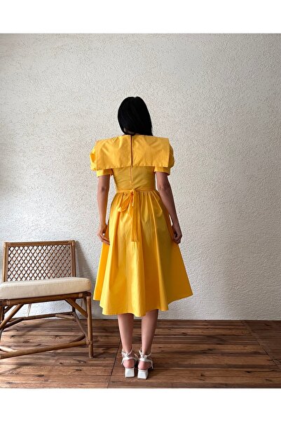 KÜÇÜĞÜM BUTİK Yellow Large Collar Flared Poplin Dress
