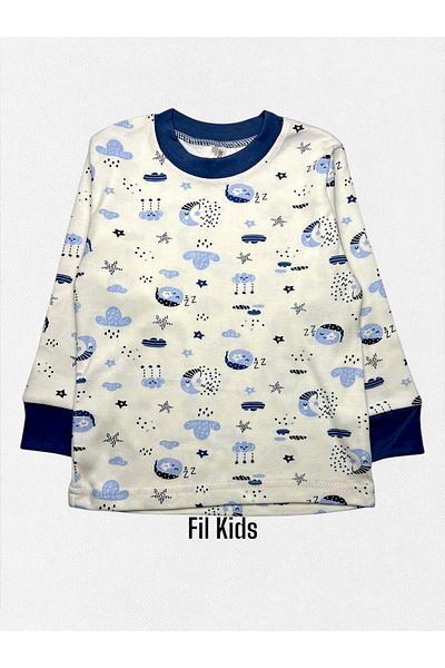 Fil Kids Boy's 100% Cotton White Blue Crescent Star Night Themed Long Sleeve Sleep Pajamas Set