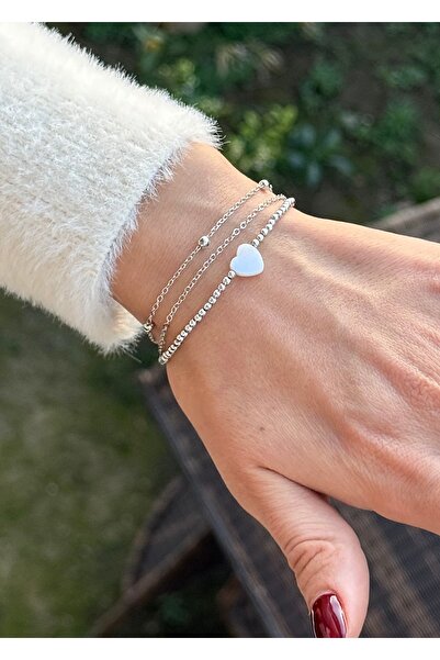 takıtarzım سوار نسائي باللون الفضي مكون من 3 قطع على شكل قلب من اللؤلؤ الذهبي