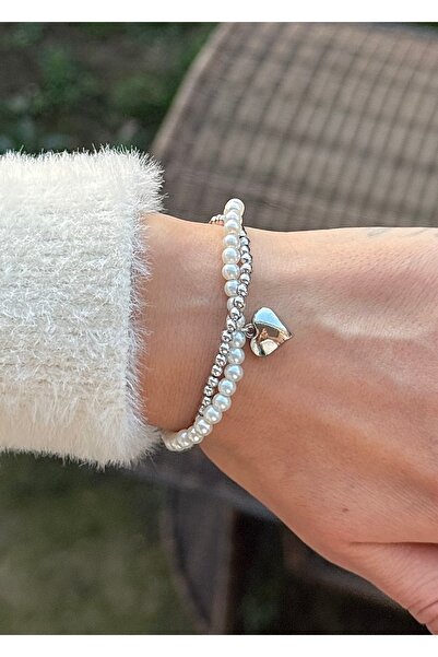 takıtarzım Twisted 2 Li Dore Pearl Heart Figured Silver Bracelet