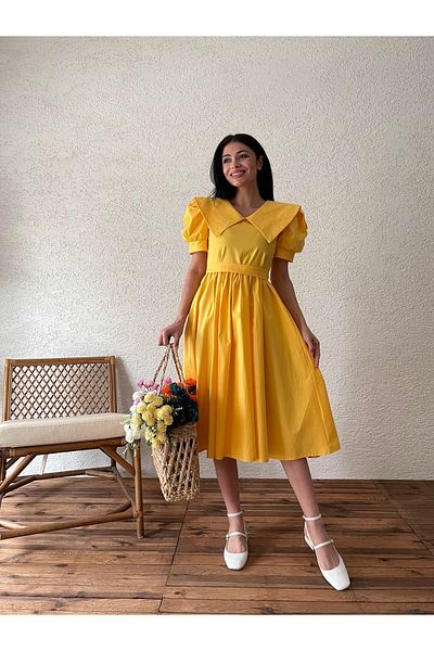 KÜÇÜĞÜM BUTİK Rochie galbenă din popelin evazată cu guler mare