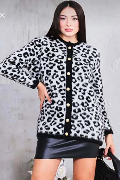 Cemre Life Women's Crew Neck Leopard Print Black Cardigan