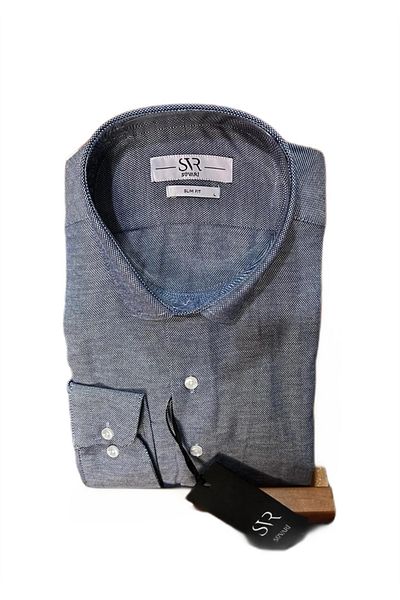 SÜVARİ Πουκάμισο Navy Blue - Slim Fit Cavalry, Μοτίβο Armure, Μακρύ μανίκι, Χωρίς τσέπη, Βαμβακερό