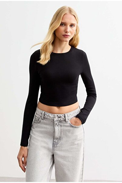 Rooted Γυναικεία μαύρη λαιμόκοψη μακρυμάνικη περικοπή, ύφασμα καμιζόλ 95% βαμ...