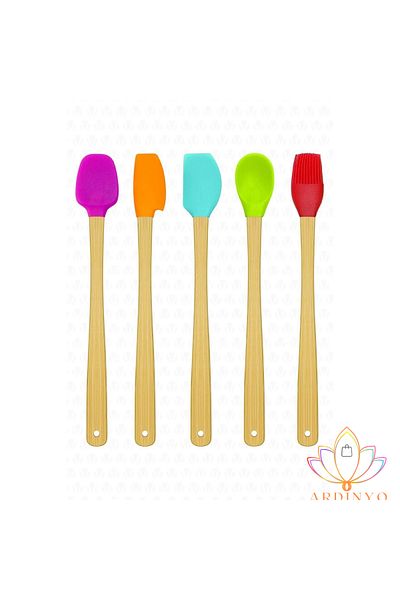Ardinyo Set of 5 Colorful Bamboo Silicone Spatulas Heat Resistant Stylish Kitchen Set